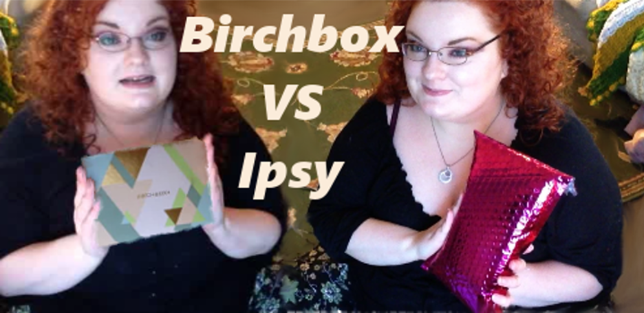 Nico is mirrored, with one image holdingg a birchbox and one holding a pink ipsy mailer. The text reads, "Birchboc vs ipsy"