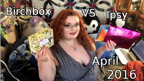 Nico holds up birchbox and Ipsy around the words "Birchbox vs Ipsy April 2016"